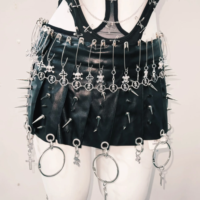 Fierce Skull & Chain Safety Pin Bodysuit – Ultimate Halloween & Goth Statement for Fall