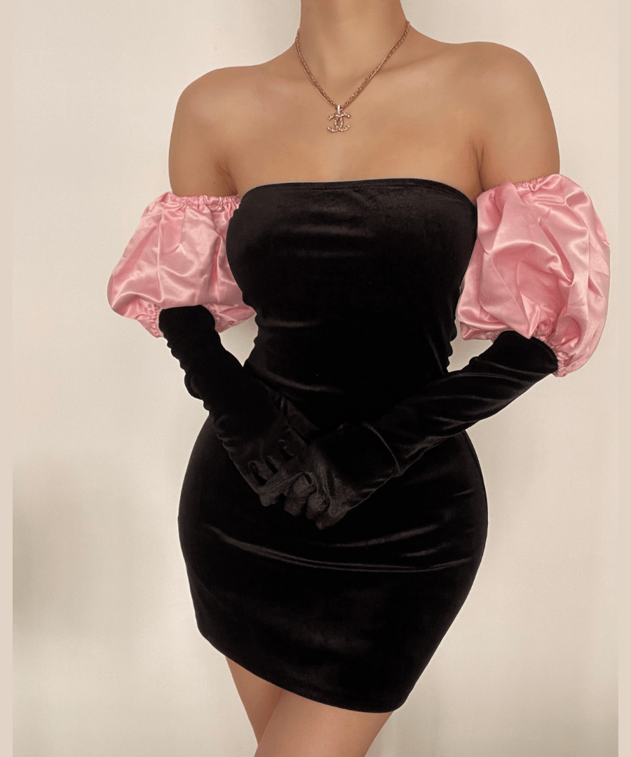 Chic Velvet Off-Shoulder Mini Dress with Luxe Pink Puff Sleeves – Your Go-To for Fall & Holiday Parties