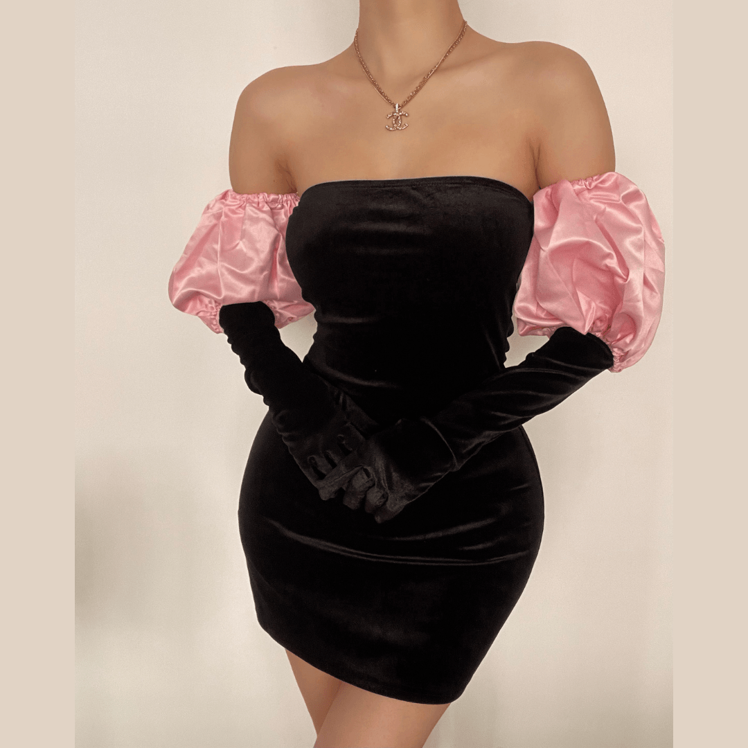 Chic Velvet Off-Shoulder Mini Dress with Luxe Pink Puff Sleeves – Your Go-To for Fall & Holiday Parties