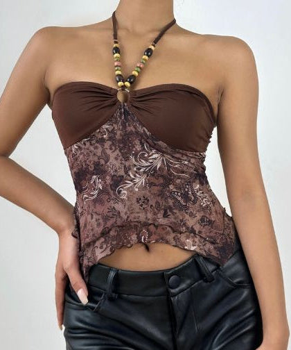 Boho Chic Beaded Halter Mesh Top | Y2K Paisley Print for Fall