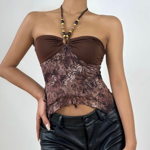 Boho Chic Beaded Halter Mesh Top | Y2K Paisley Print for Fall