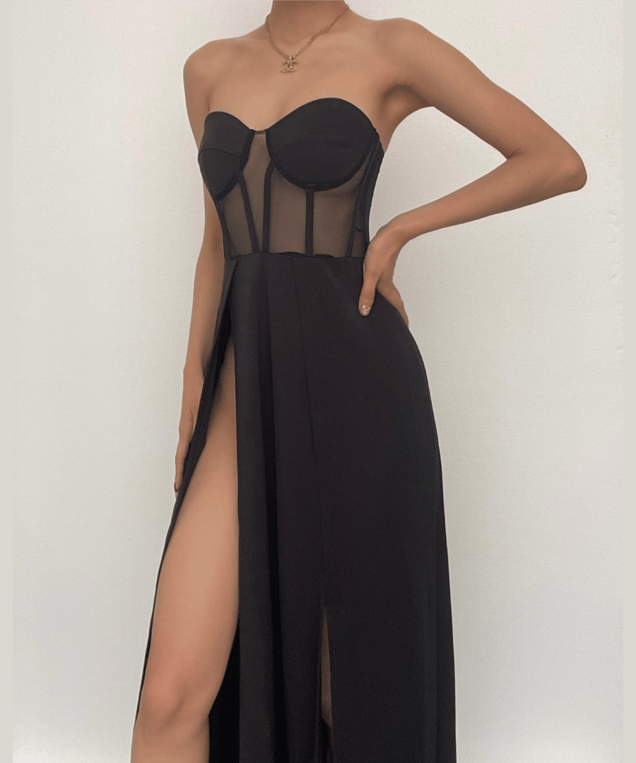 Glamorous Black Mesh Corset Maxi Dress with Dual High Slits - Fall & Holiday Party Ready