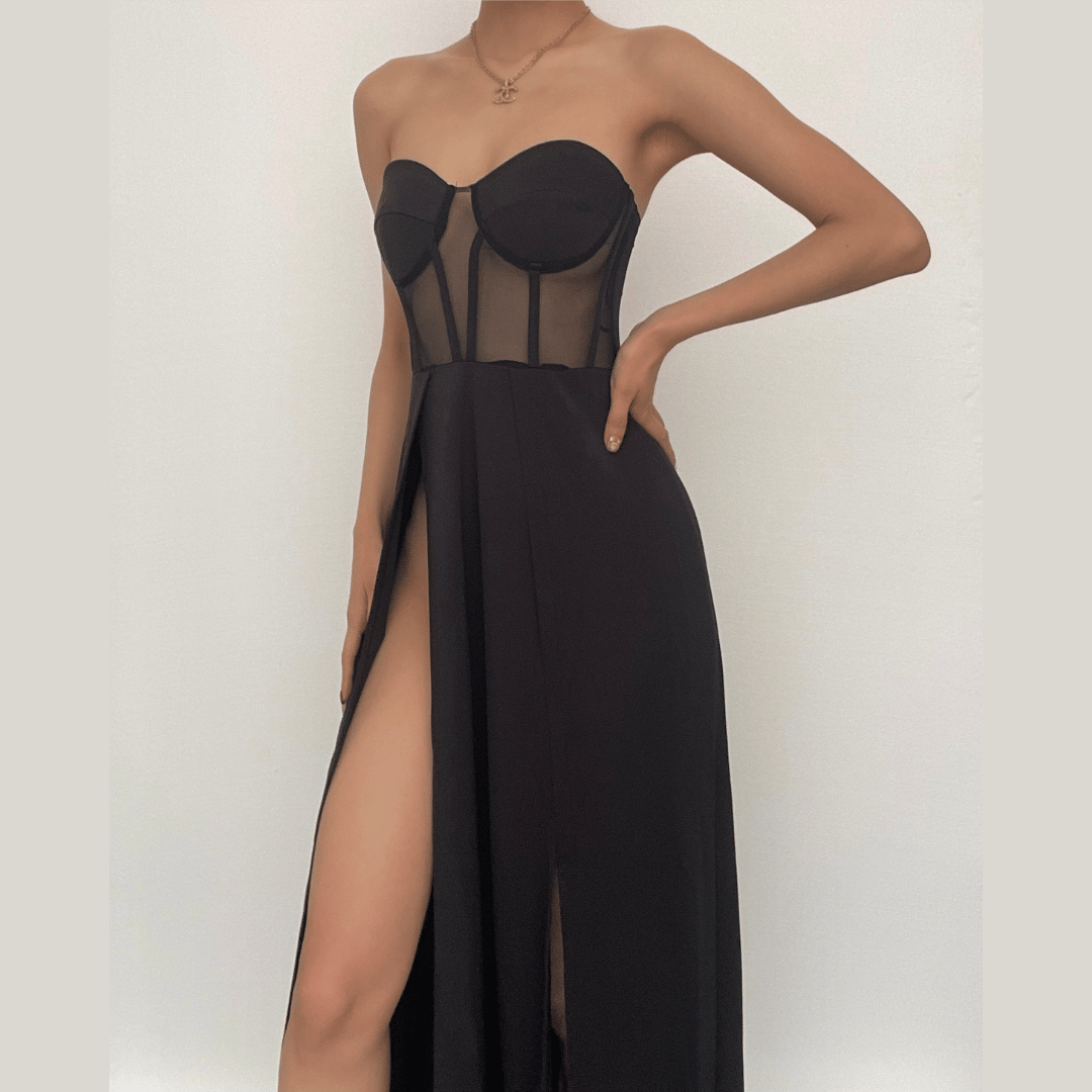 Glamorous Black Mesh Corset Maxi Dress with Dual High Slits - Fall & Holiday Party Ready