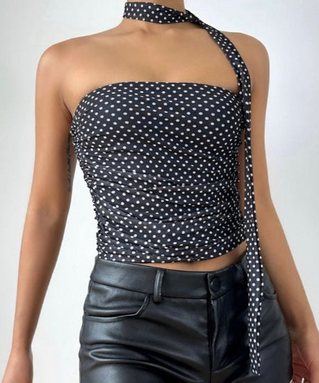 Chic Polka Dot Ruched Halter Tube Top with Multi-Way Tie – Your Go-To for Fall Nights & Y2K Style