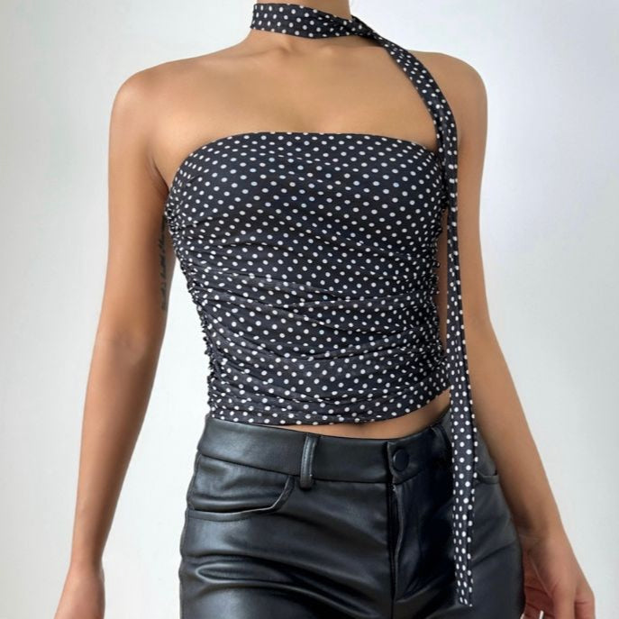 Chic Polka Dot Ruched Halter Tube Top with Multi-Way Tie – Your Go-To for Fall Nights & Y2K Style