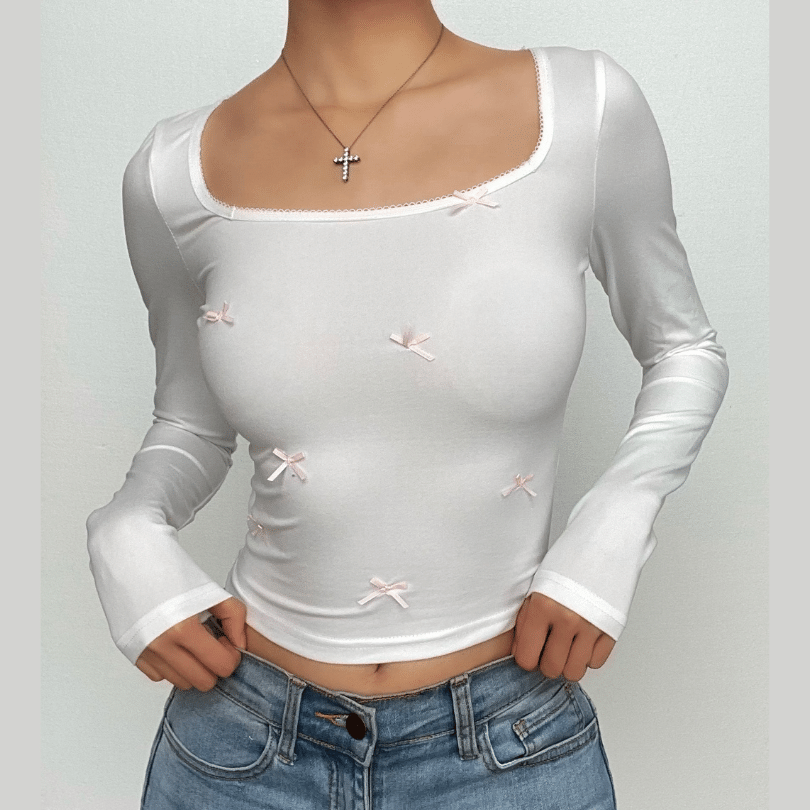 Sweetheart Square Neck Long Sleeve Top with Dainty Pink Bows - Your Perfect Fall Staple