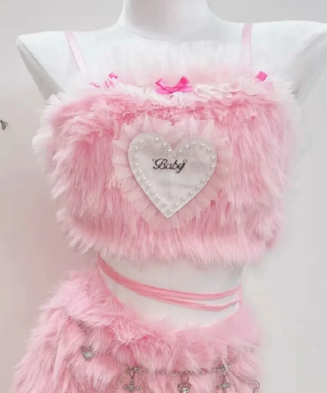Plush Pink Coquette Crop Top & Charm Mini Skirt Set - Y2K Halloween & Rave Ready!