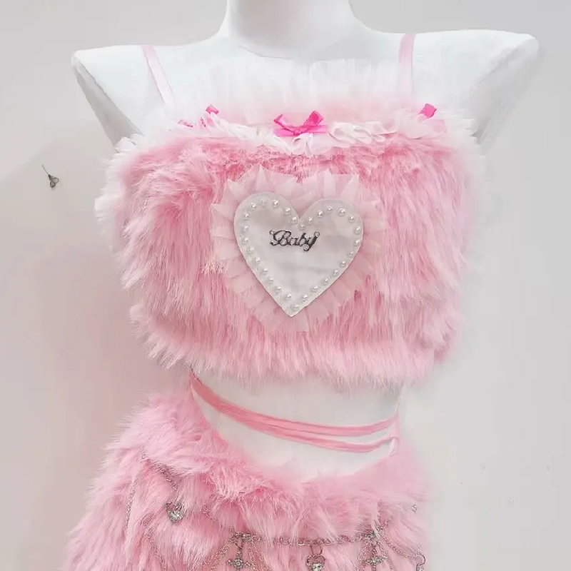 Plush Pink Coquette Crop Top & Charm Mini Skirt Set - Y2K Halloween & Rave Ready!