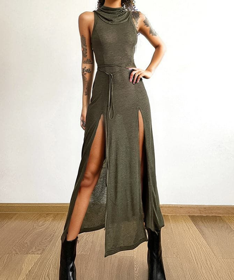 Effortless Fall Chic: Olive Green Cowl Neck Maxi Dress with Sassy Side Slits & Tie Waist