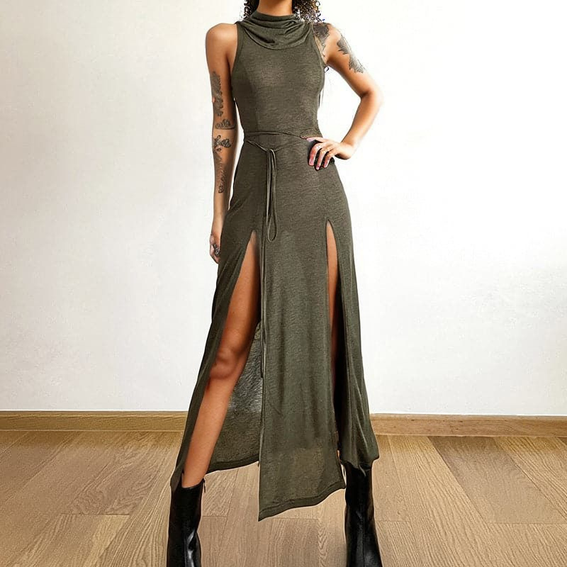 Effortless Fall Chic: Olive Green Cowl Neck Maxi Dress with Sassy Side Slits & Tie Waist