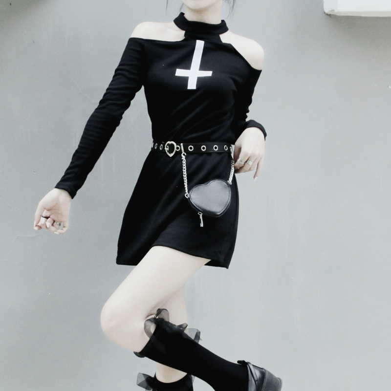 Spooky Chic Cold Shoulder Cross Mini Dress - Perfect for Halloween & Fall Goth Style