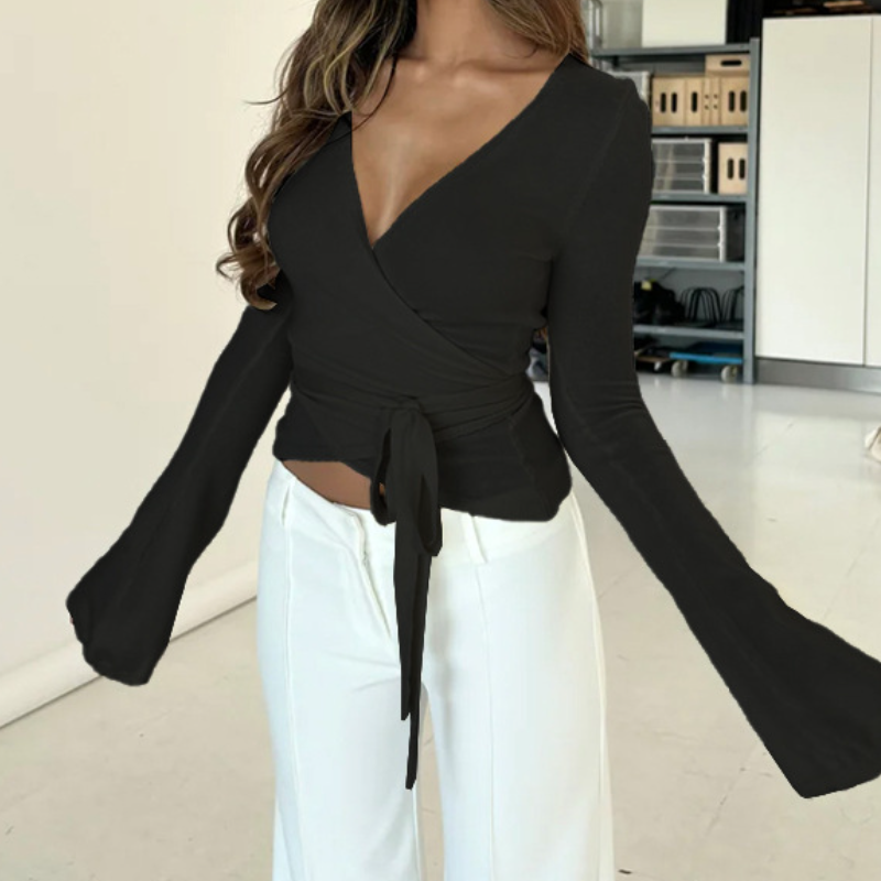 Effortless Autumn Chic: The Bell Sleeve Knit Wrap Top