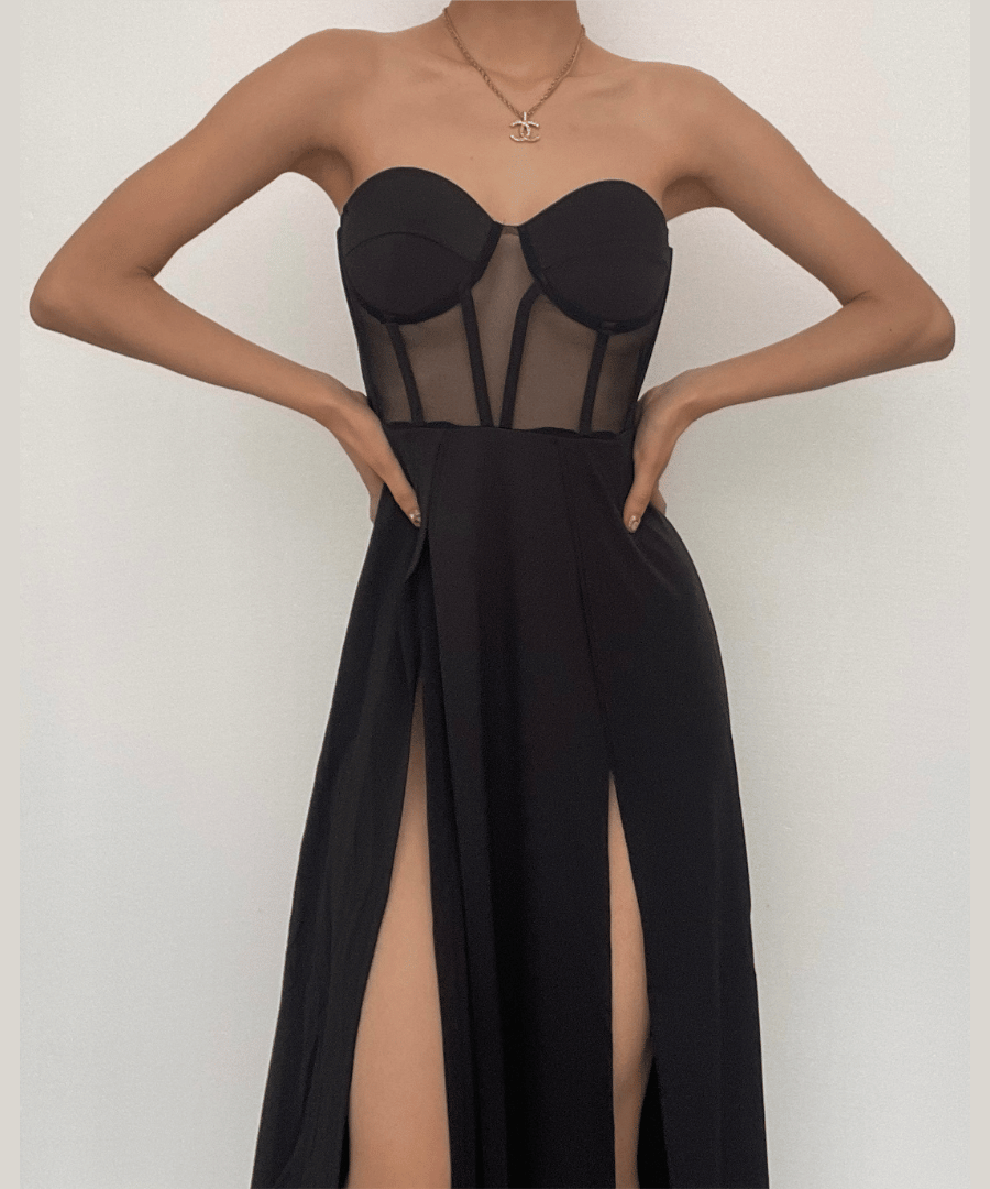 Glamorous Black Mesh Corset Maxi Dress with Dual High Slits - Fall & Holiday Party Ready