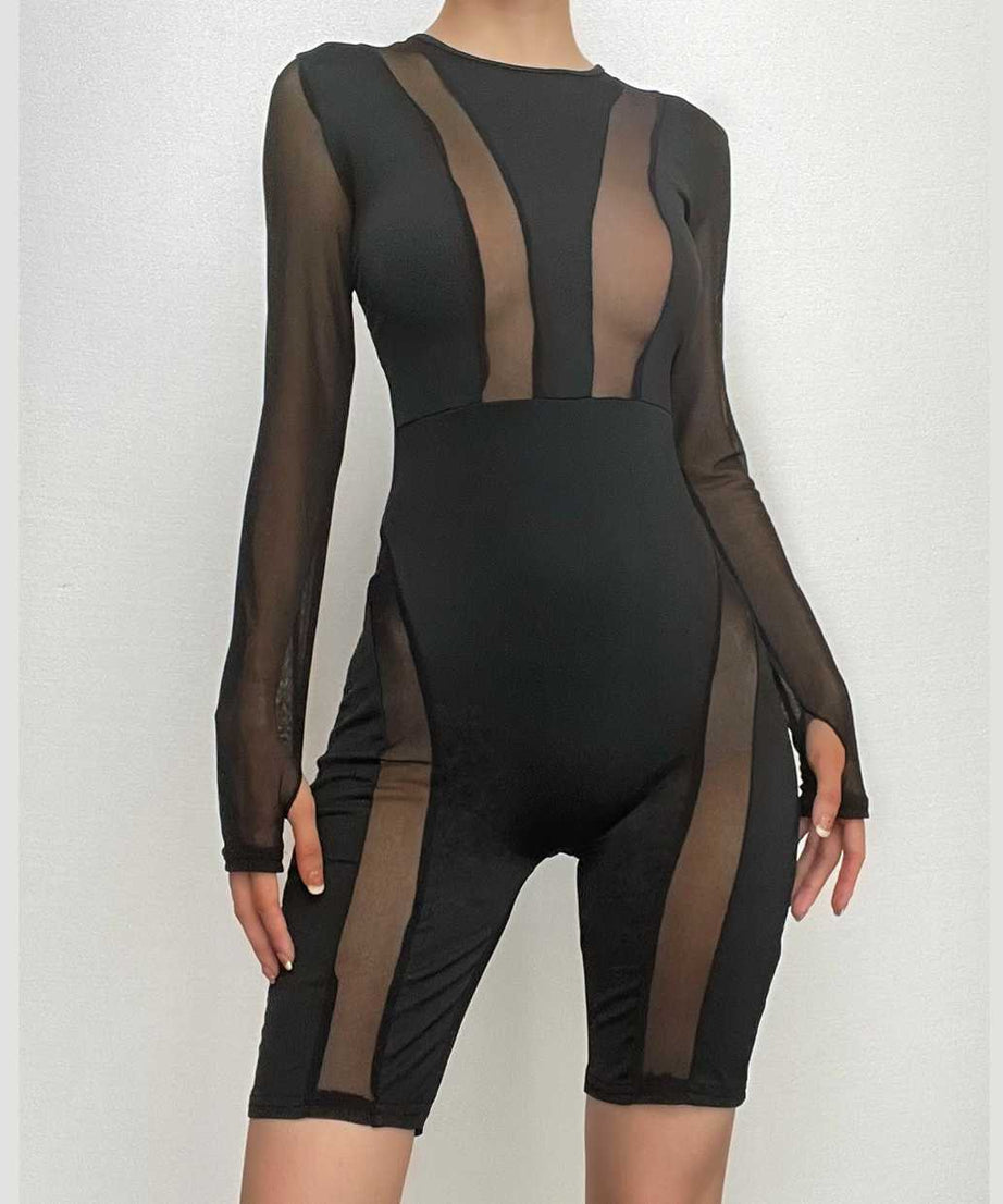 The 'Enigma' Sheer Mesh Patchwork Long Sleeve Romper - Fall Nights Out & Halloween Party Ready