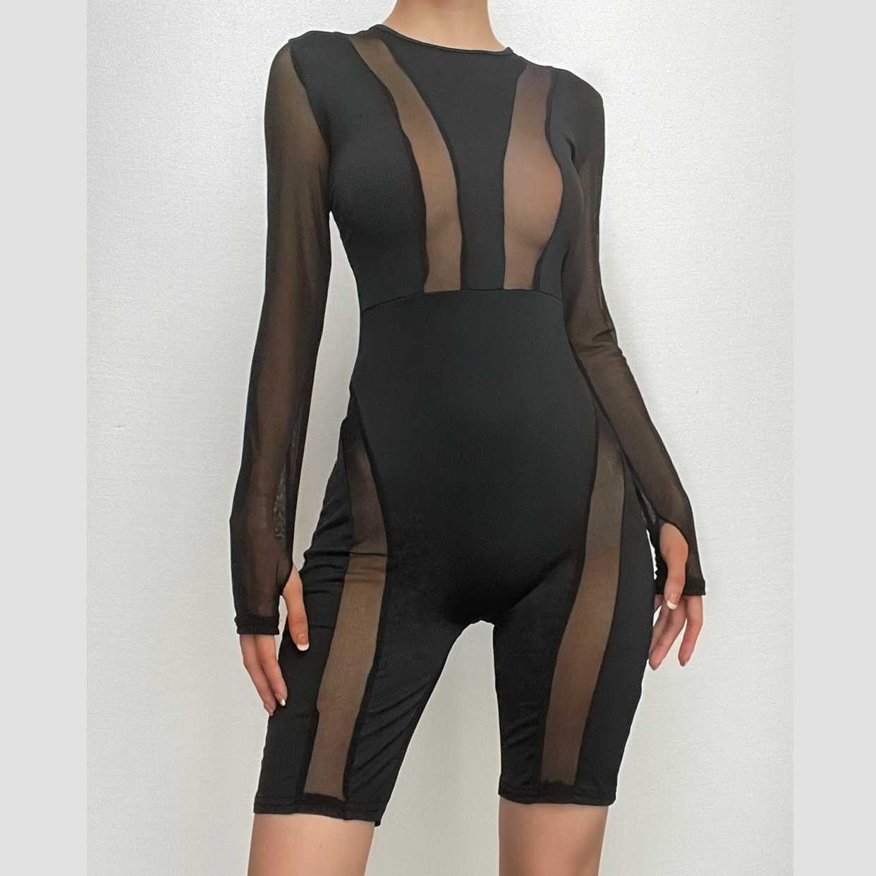 The 'Enigma' Sheer Mesh Patchwork Long Sleeve Romper - Fall Nights Out & Halloween Party Ready