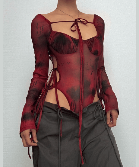 Autumn Edge: Ruched Tie-Dye Mesh Bodysuit with Cutout Ties – Your Go-To for Fall Parties & Halloween