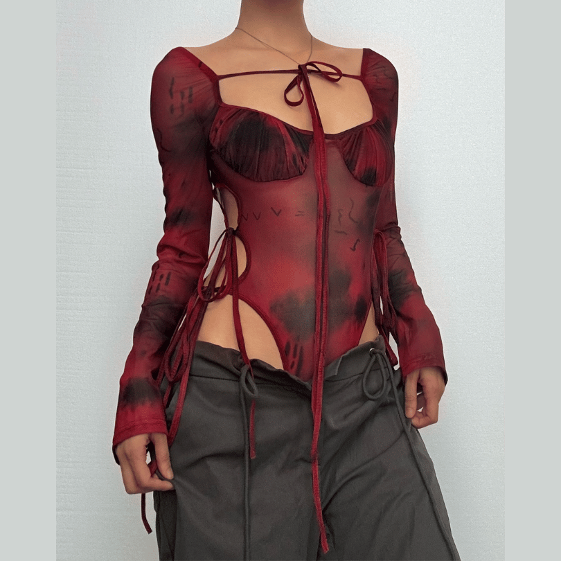 Autumn Edge: Ruched Tie-Dye Mesh Bodysuit with Cutout Ties – Your Go-To for Fall Parties & Halloween