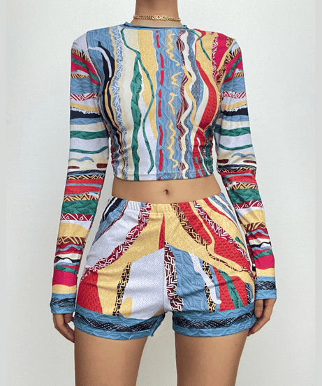 Vibrant Coogi-Inspired Long Sleeve Crop Top & Shorts Set - Chic Fall Loungewear for Women