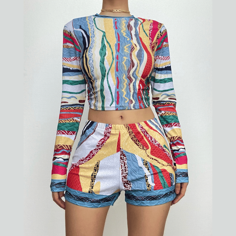Vibrant Coogi-Inspired Long Sleeve Crop Top & Shorts Set - Chic Fall Loungewear for Women