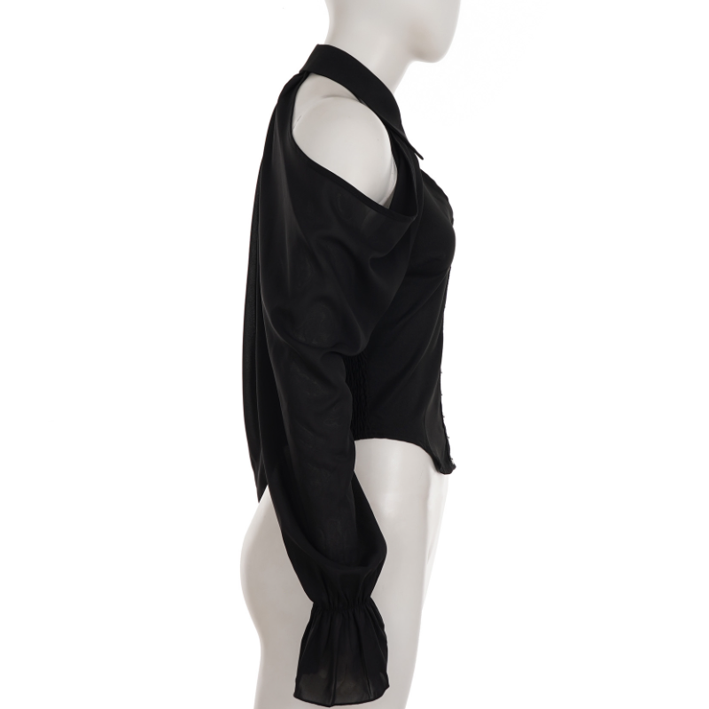 Enchanting Black Cold Shoulder Top | Gothic Keyhole Blouse with Statement Sleeves & Hook Closures - Perfect for Fall & Halloween