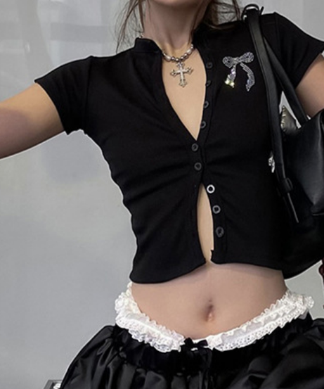 Sparkle Bow Ribbed Button-Front Crop Top - Fall & Holiday Glam