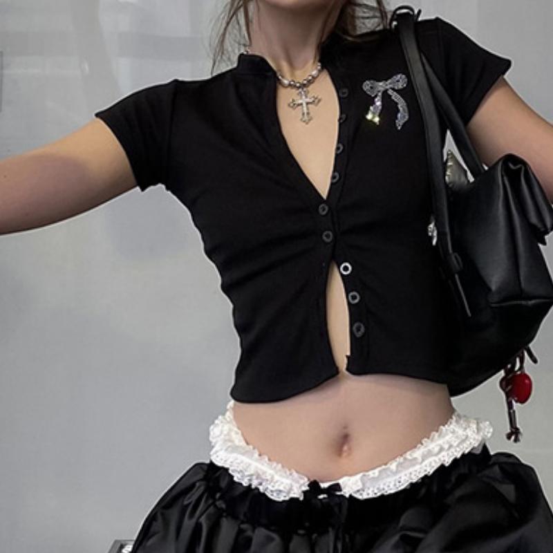 Sparkle Bow Ribbed Button-Front Crop Top - Fall & Holiday Glam