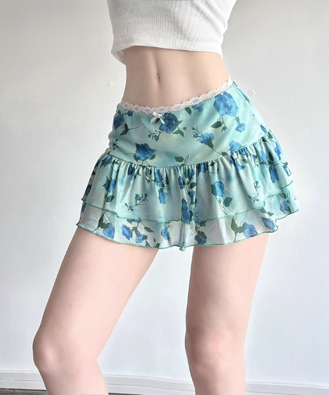 Y2K Coquette Blue Floral Ruffle Mini Skirt - Lace Trim & Bow Detail for Flirty Fall Style