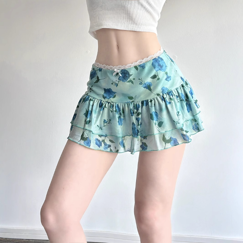 Y2K Coquette Blue Floral Ruffle Mini Skirt - Lace Trim & Bow Detail for Flirty Fall Style