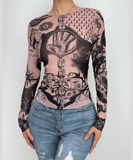 Dark Romance Graphic Sheer Mesh Long Sleeve Top | Tattoo-Inspired Fall '25 Edgy Chic