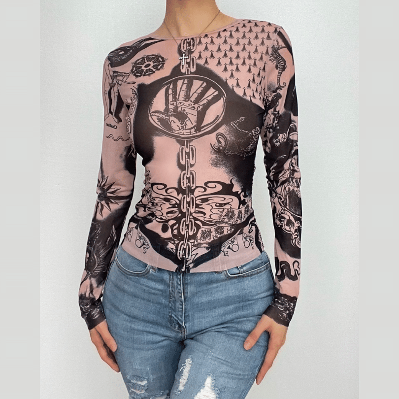 Dark Romance Graphic Sheer Mesh Long Sleeve Top | Tattoo-Inspired Fall '25 Edgy Chic