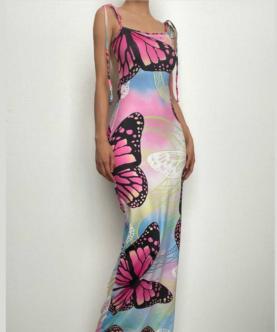 Vibrant Butterfly Bodycon Maxi Dress - Dreamy Tie-Shoulder Resort & Vacation Style