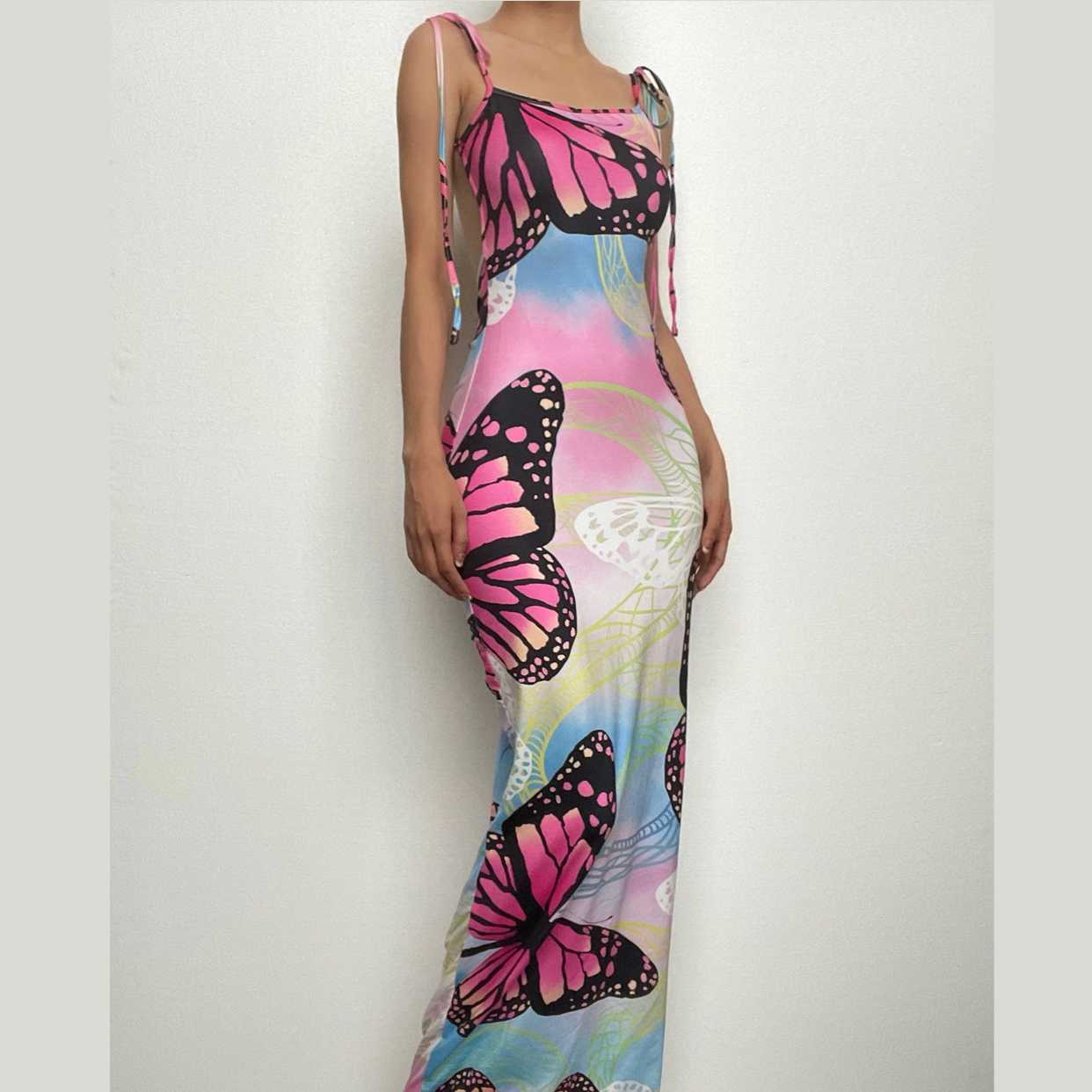 Vibrant Butterfly Bodycon Maxi Dress - Dreamy Tie-Shoulder Resort & Vacation Style