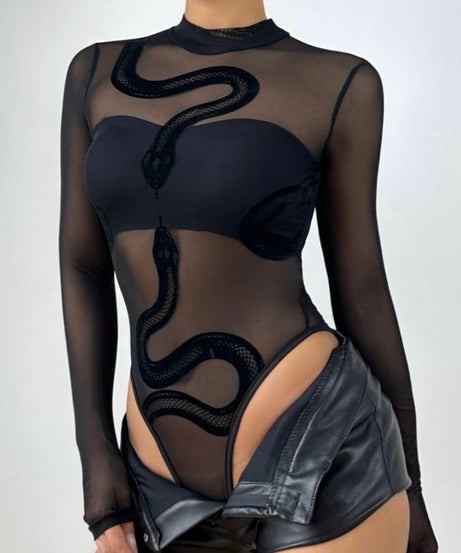 Mystic Serpent Mesh Bodysuit - Sheer Long Sleeve for Fall Nights & Halloween