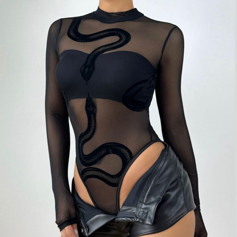 Mystic Serpent Mesh Bodysuit - Sheer Long Sleeve for Fall Nights & Halloween
