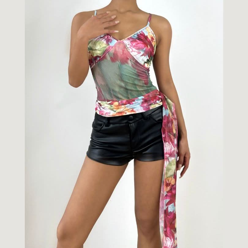 Effortless Fall Chic: Vibrant Floral Mesh Cami Top with Statement Tie