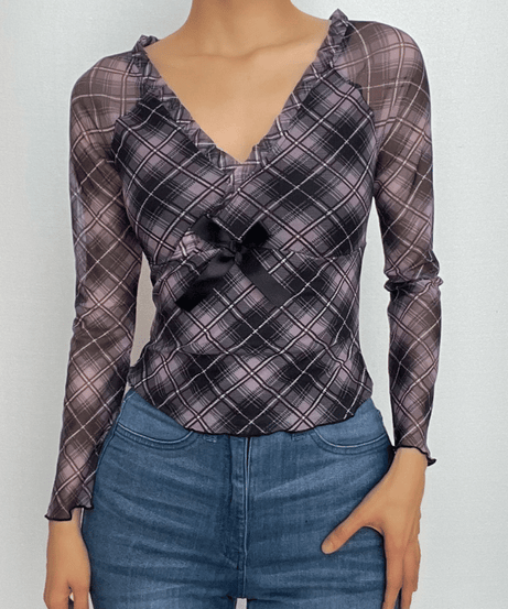 Fall Chic Plaid Mesh Ruffle V-Neck Top with Coquette Bow Detail – Trendy Autumn Style