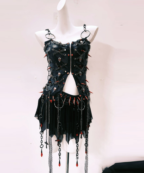 Gothic Punk Spiked Skull Chain Corset & Mini Skirt Set - Unleash Your Halloween & Festival Spirit