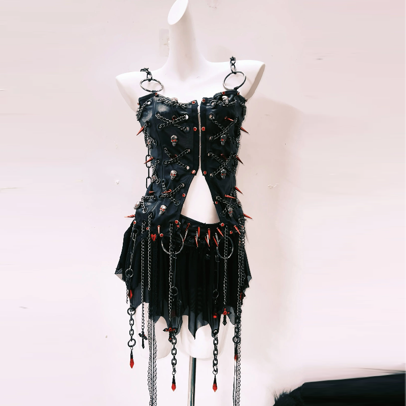 Gothic Punk Spiked Skull Chain Corset & Mini Skirt Set - Unleash Your Halloween & Festival Spirit