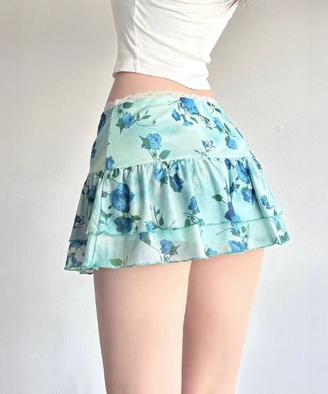 Y2K Coquette Blue Floral Ruffle Mini Skirt - Lace Trim & Bow Detail for Flirty Fall Style