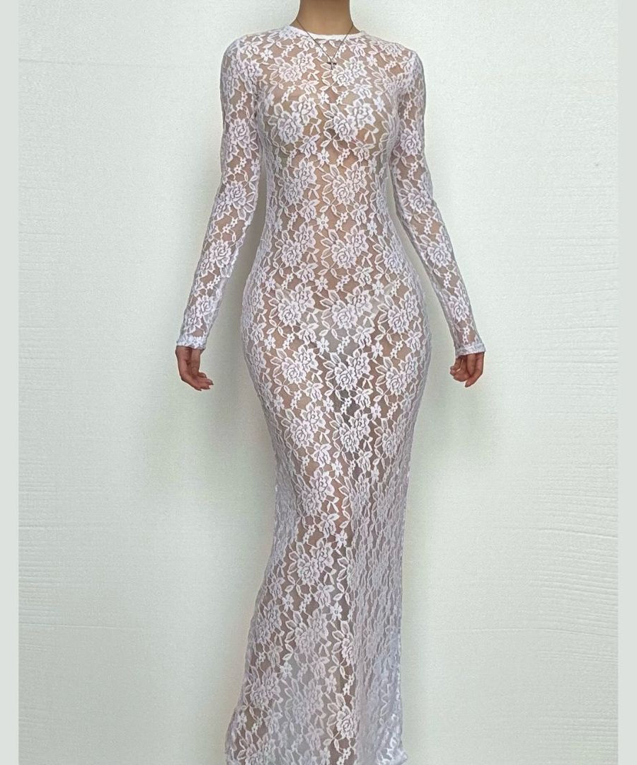 Alluring White Lace Illusion Maxi Dress - Long Sleeve Sheer Bodycon for Fall Nights & Holiday Glam
