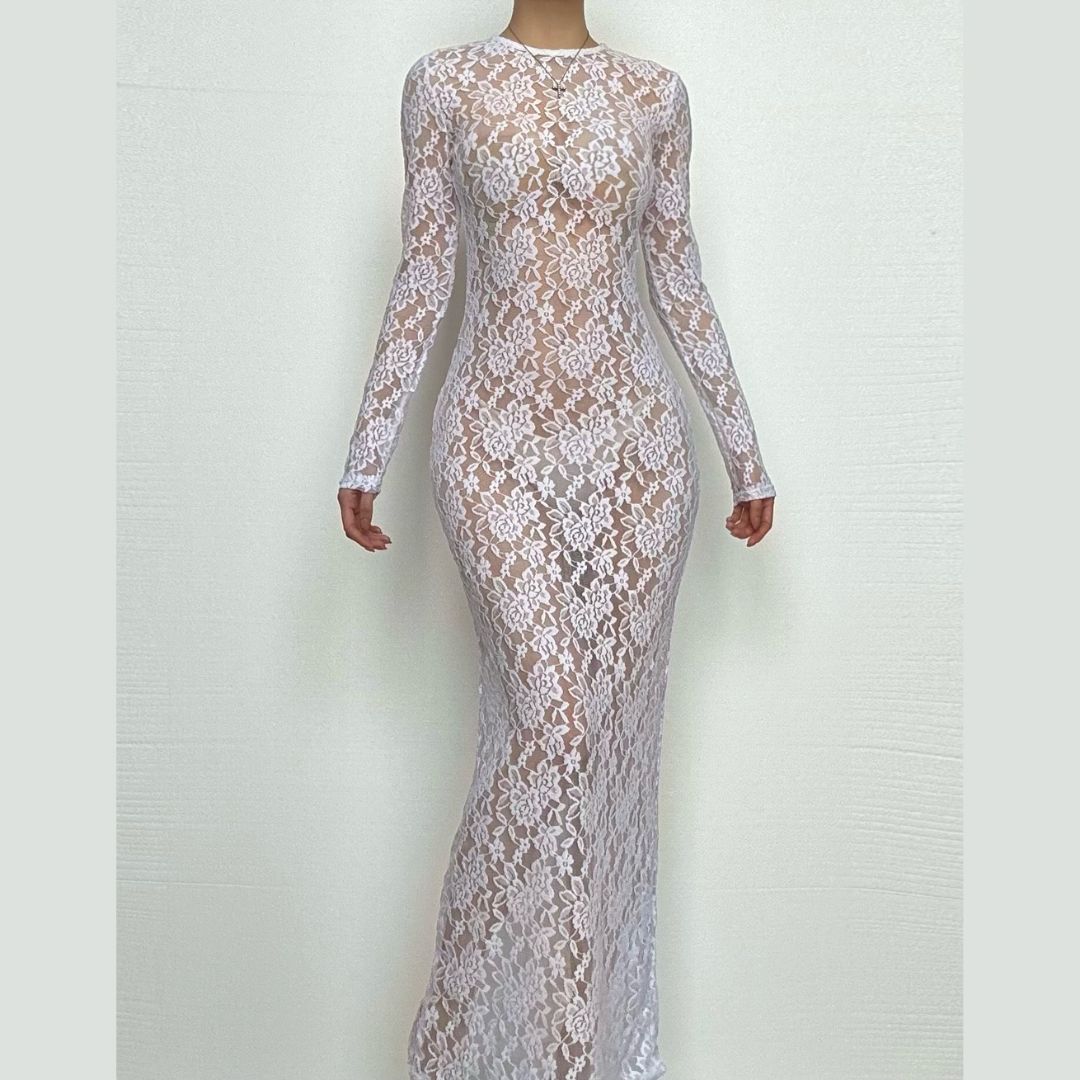 Alluring White Lace Illusion Maxi Dress - Long Sleeve Sheer Bodycon for Fall Nights & Holiday Glam