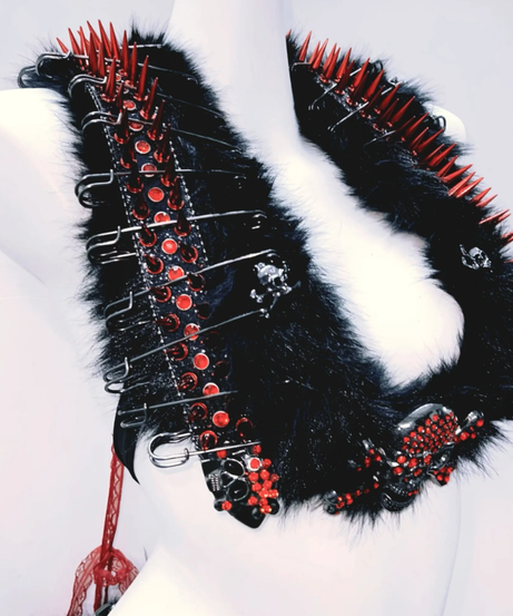Fierce Spiked Skull Faux Fur Rave Set: Halter Crop Top & Mini Skirt - Halloween & Festival Ready!