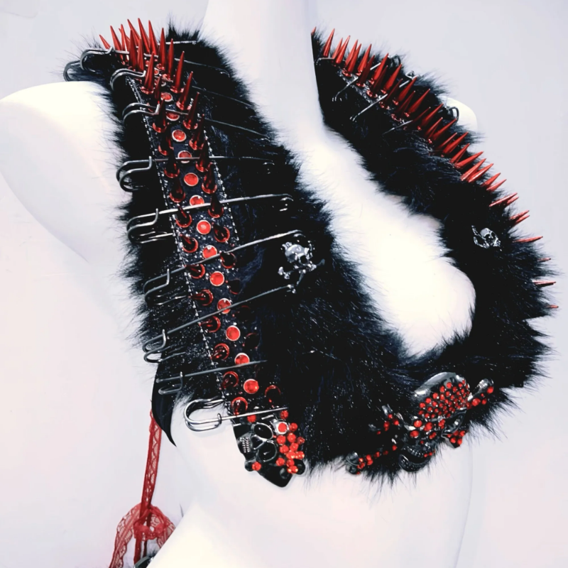 Fierce Spiked Skull Faux Fur Rave Set: Halter Crop Top & Mini Skirt - Halloween & Festival Ready!
