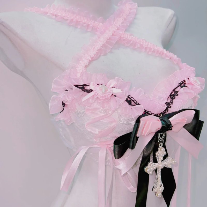 Enchanting Pastel Goth Coquette Ruffle Top with Cross & Bow Accents | Spooky Sweet Fall Fashion