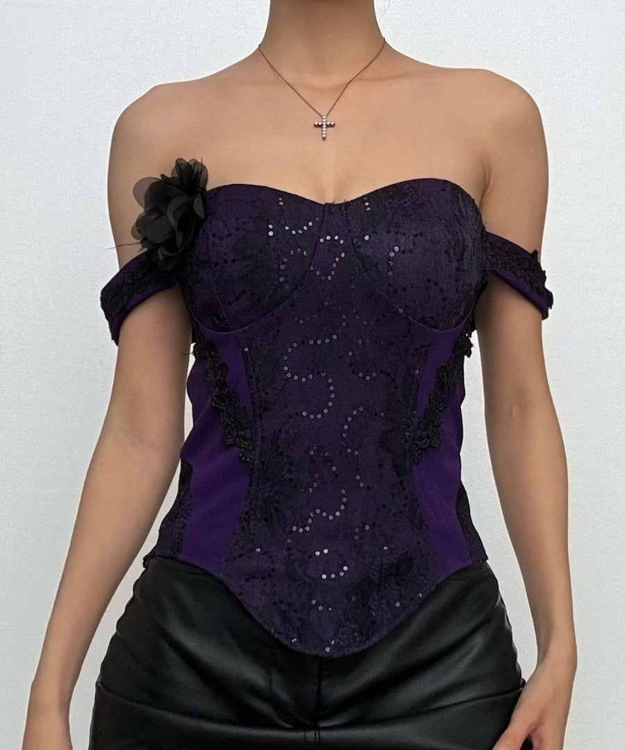 Womens Gothic Glam Purple Lace & Sequin Off-Shoulder Corset Top - Fall & Halloween Party Ready