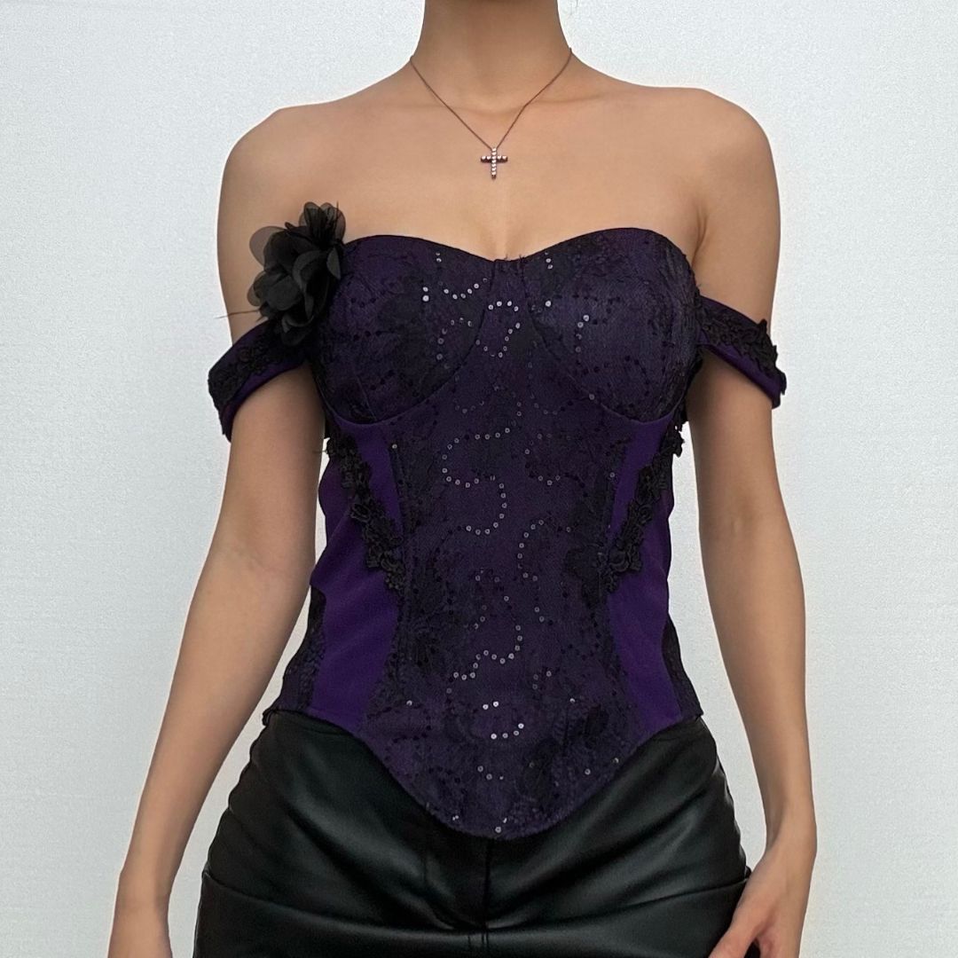 Womens Gothic Glam Purple Lace & Sequin Off-Shoulder Corset Top - Fall & Halloween Party Ready