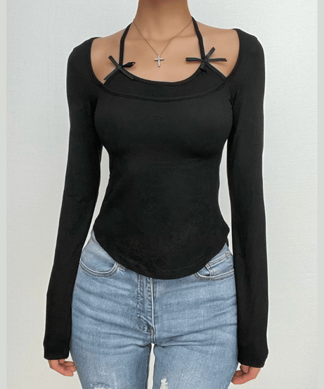 Autumn Bow Halter Long Sleeve Top - Chic & Flattering Fall Fashion Essential