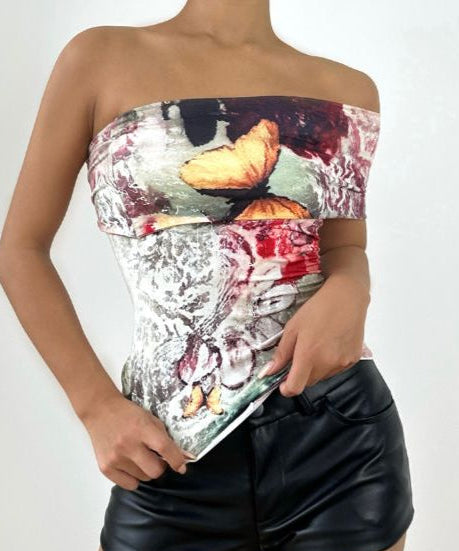 Vibrant Butterfly Art Strapless Tube Top - Chic Fall Statement Piece
