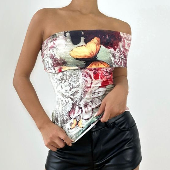 Vibrant Butterfly Art Strapless Tube Top - Chic Fall Statement Piece