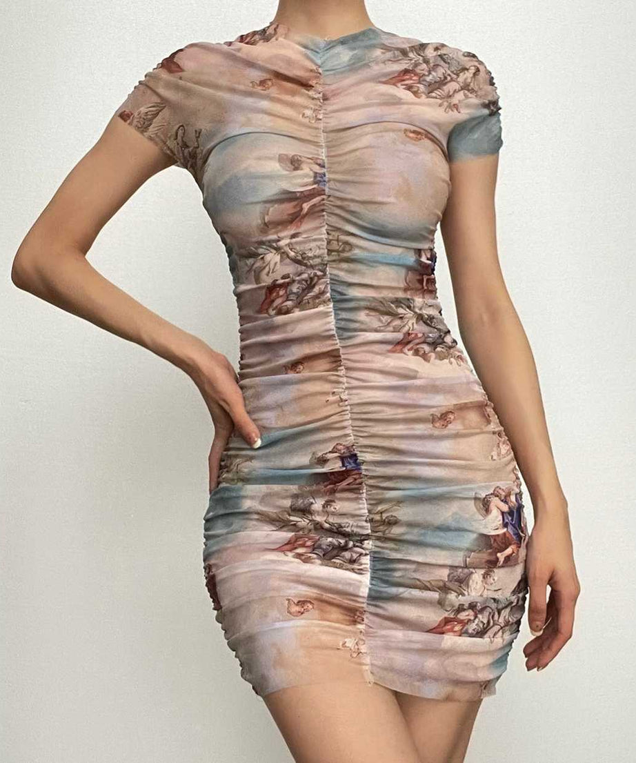 Divine Renaissance Angelic Ruched Mesh Mini Dress - Fall Party & Holiday Ready